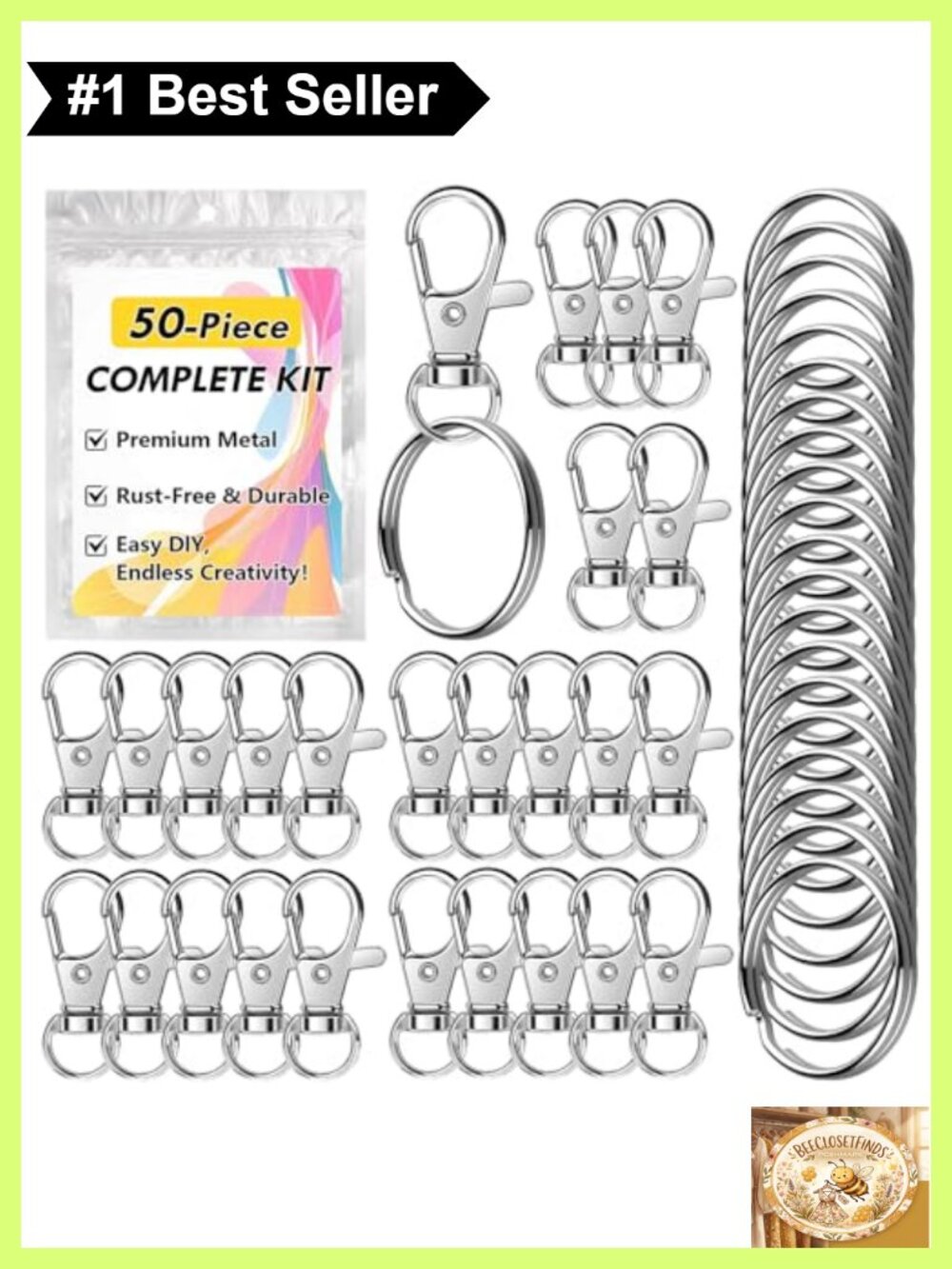 50 PC Keychain Making Kit Lobster Claw Clasps & Key Rings DIY Jewelry Craft
